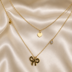 Bow and Heart With Solitare Charms Layered Necklace