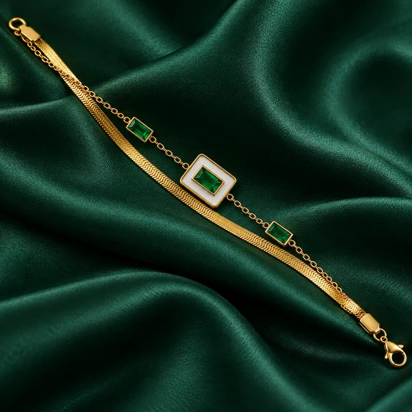 Layered Green Stone Snake Chain Bracelet