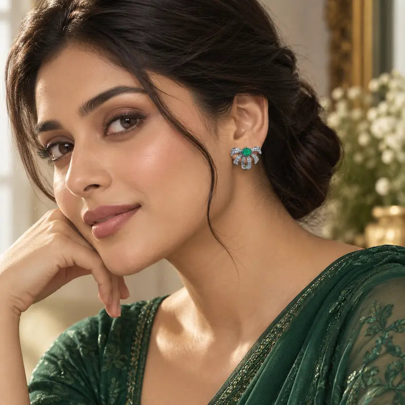 Emerald Ribbon Bow Stud Earrings