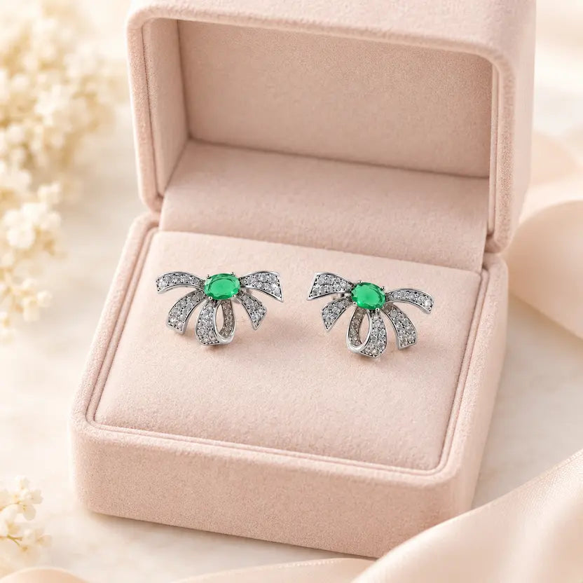 Emerald Ribbon Bow Stud Earrings