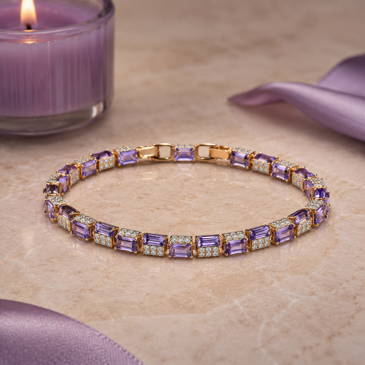 Purple Baguette CZ Rose-Gold Tone Tennis Bracelet