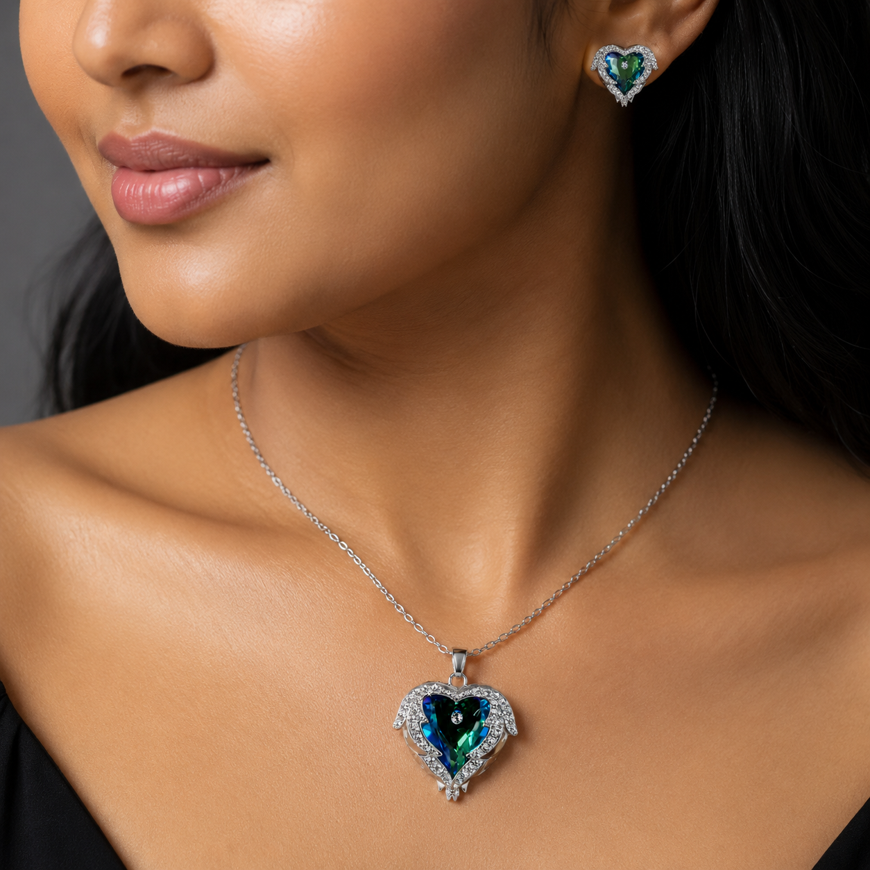 Green Heart Wing Crystal Necklace and Earrings Set