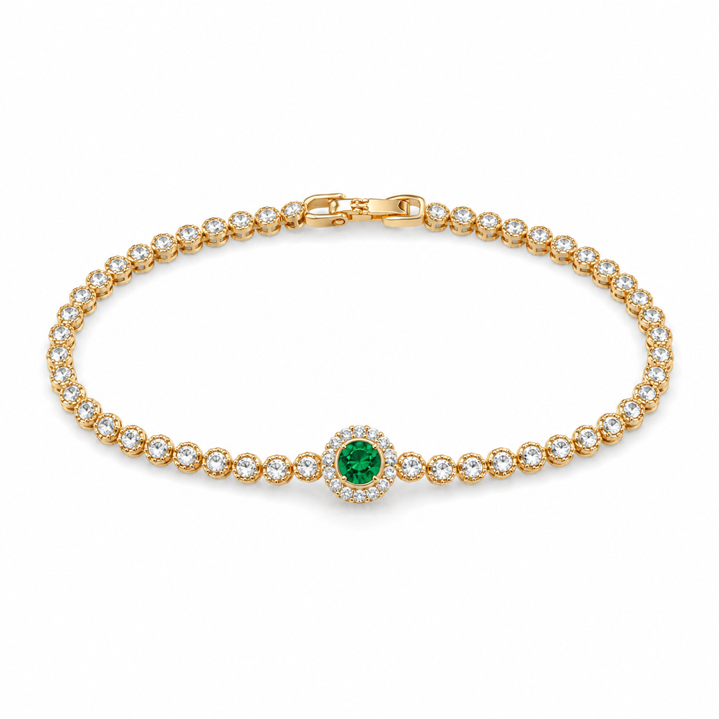 Emerald Green Halo Rose-Gold Tone Tennis Bracelet