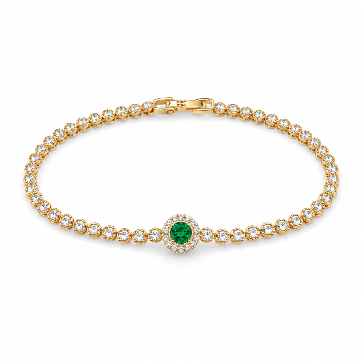 Emerald Green Halo Rose-Gold Tone Tennis Bracelet