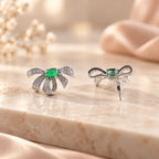Emerald Ribbon Bow Stud Earrings