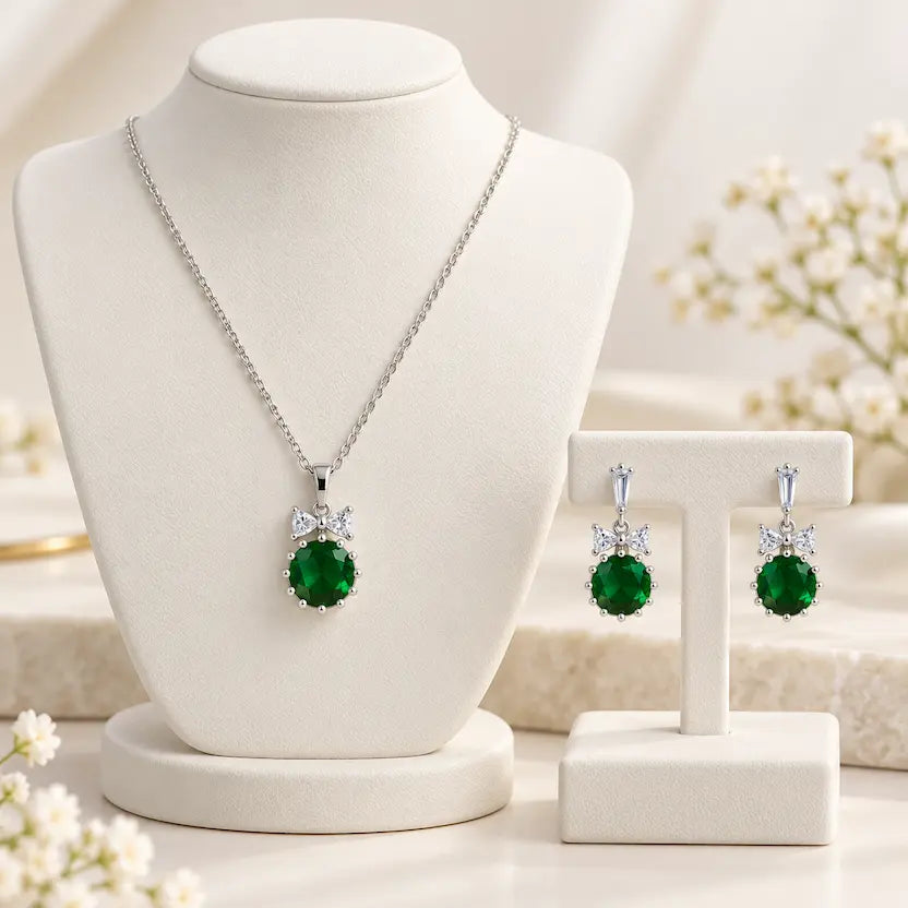 Emerald Green Round CZ Necklace and Earrings Set