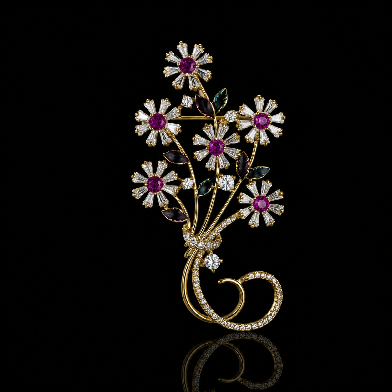 Pink Daisy Bouquet Gold-Tone Crystal Brooch