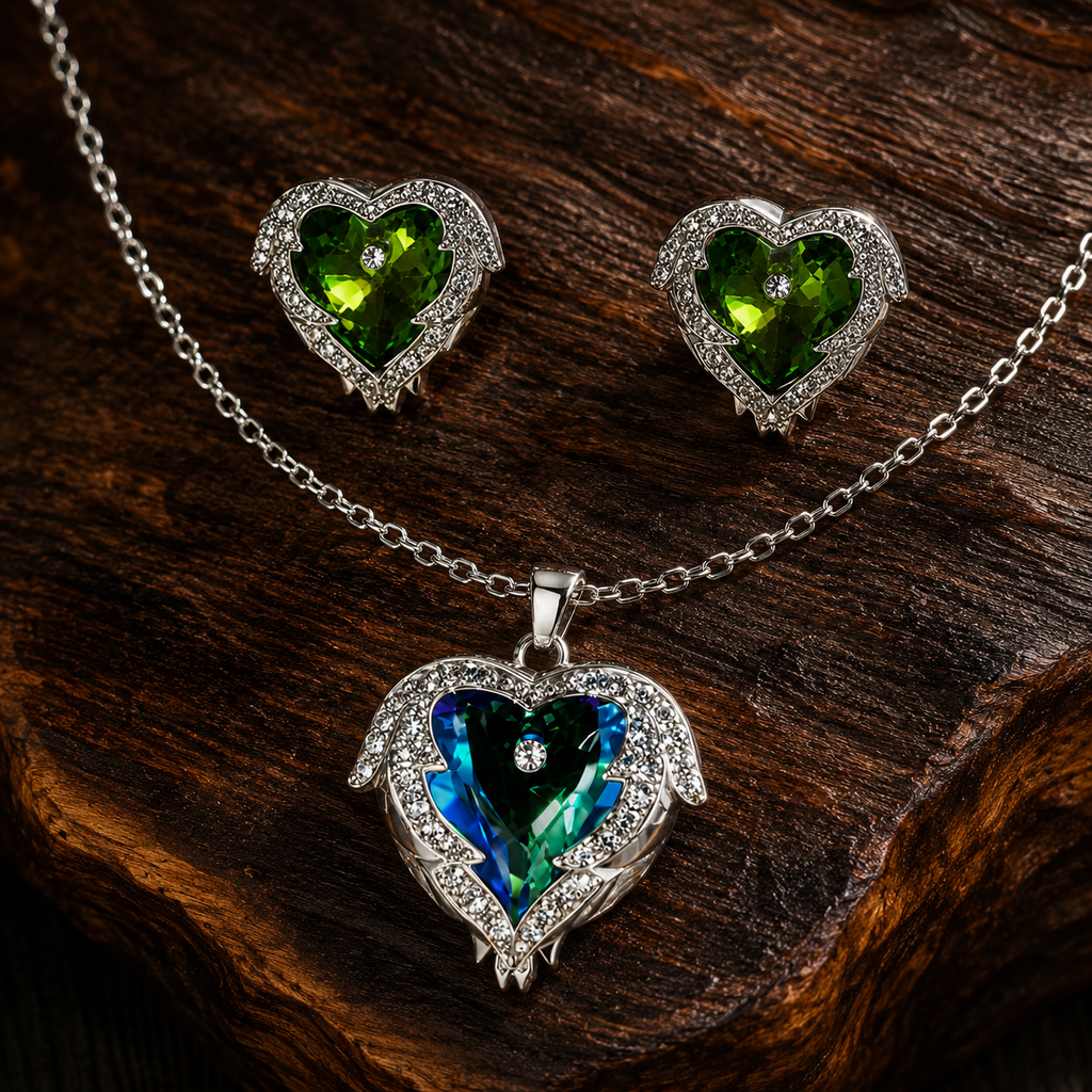Green Heart Wing Crystal Necklace and Earrings Set