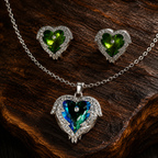 Green Heart Wing Crystal Necklace and Earrings Set