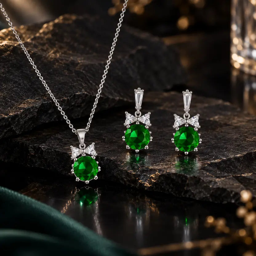 Emerald Green Round CZ Necklace and Earrings Set