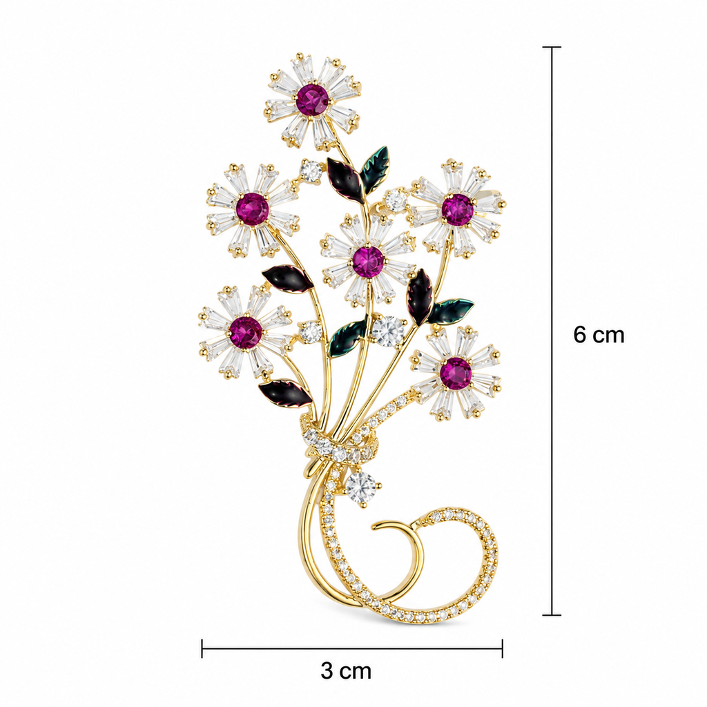 Pink Daisy Bouquet Gold-Tone Crystal Brooch