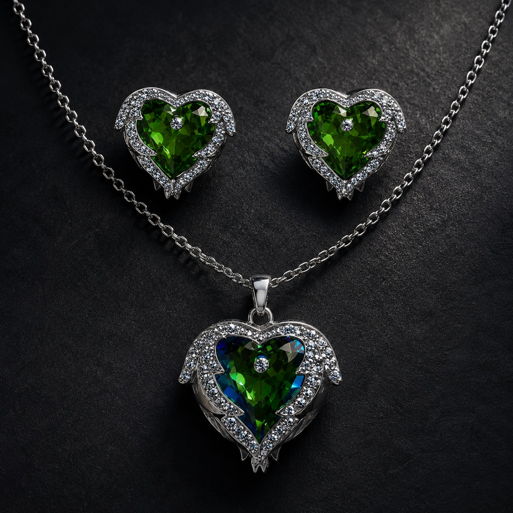 Green Heart Wing Crystal Necklace and Earrings Set