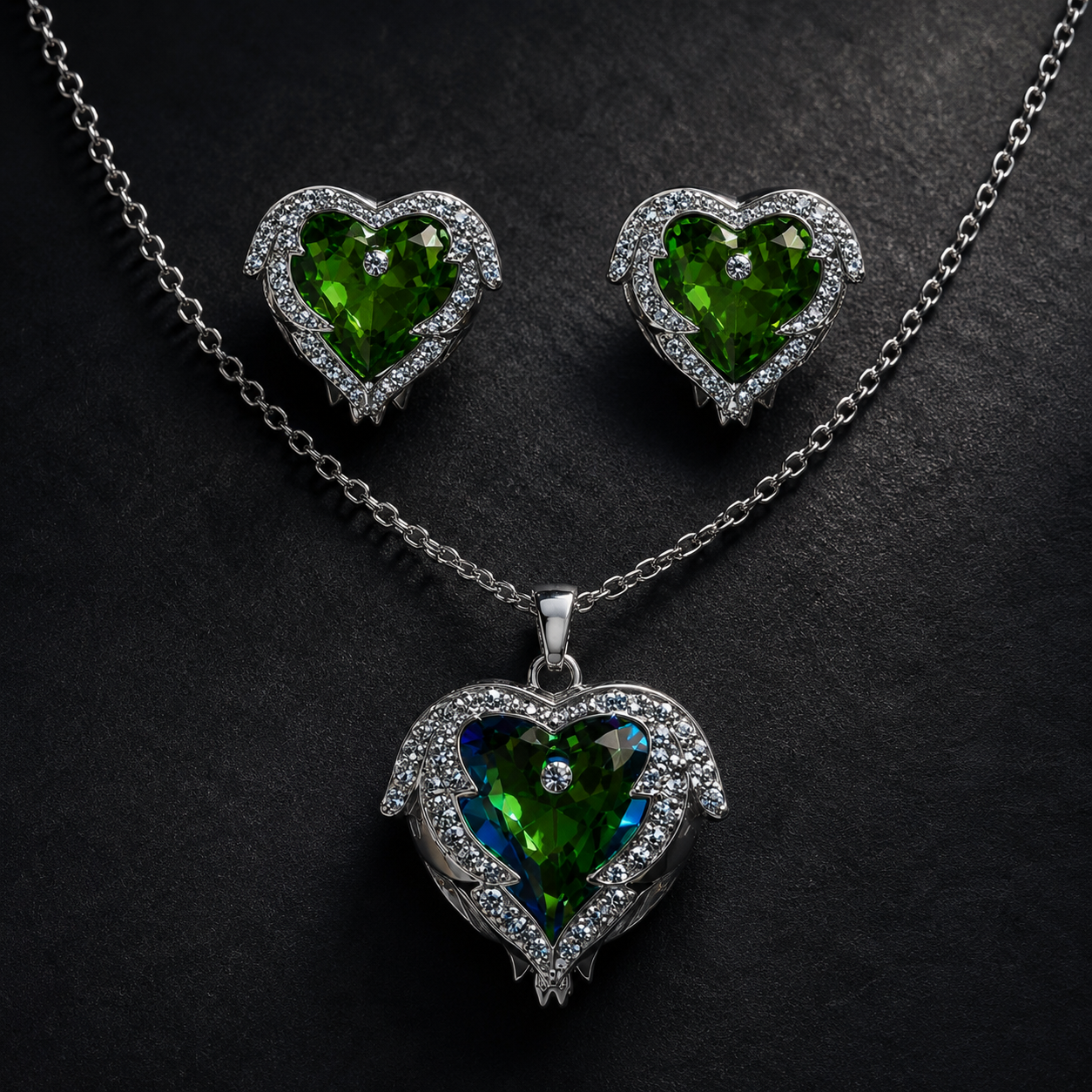 Green Heart Wing Crystal Necklace and Earrings Set