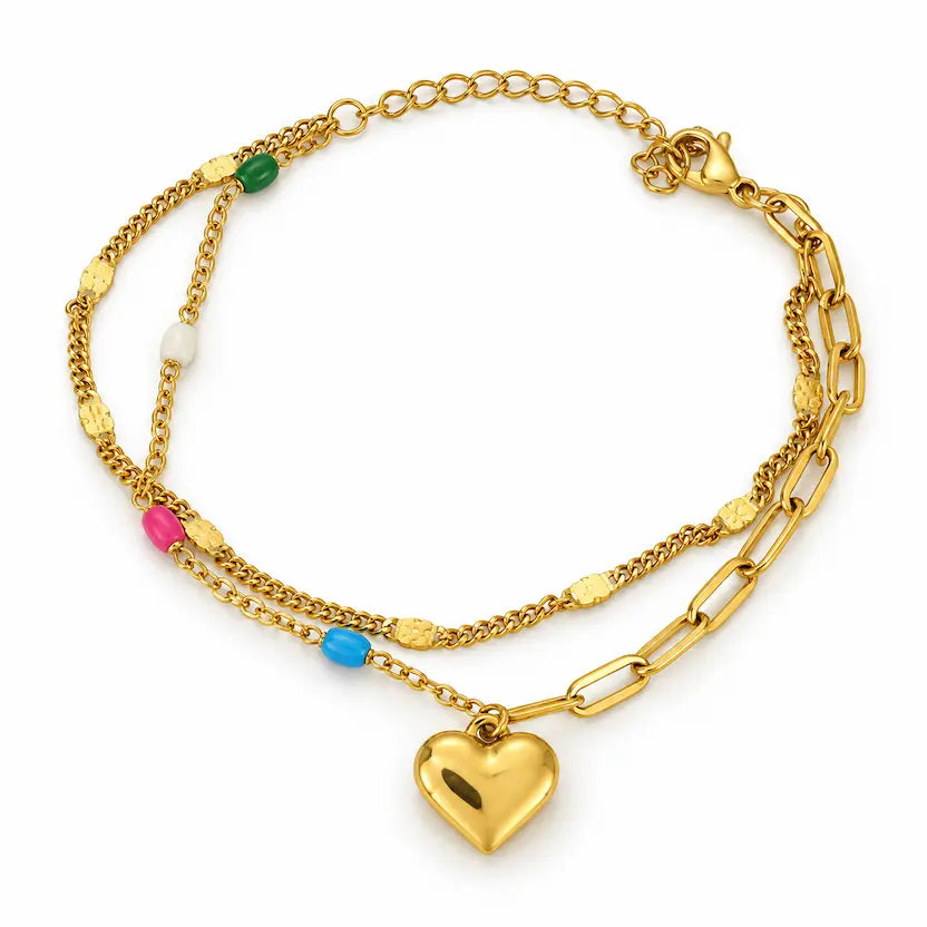 Layered Heart Charm and Multicolour Bead Bracelet