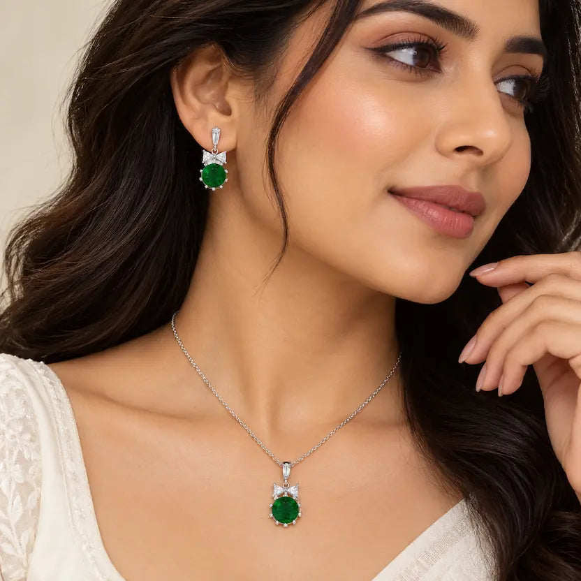 Emerald Green Round CZ Necklace and Earrings Set