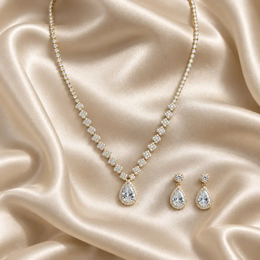 Pear-Cut Tennis Necklace & Earrings Set