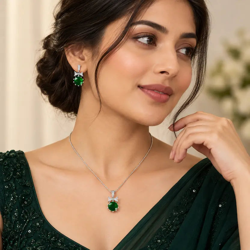 Emerald Green Round CZ Necklace and Earrings Set