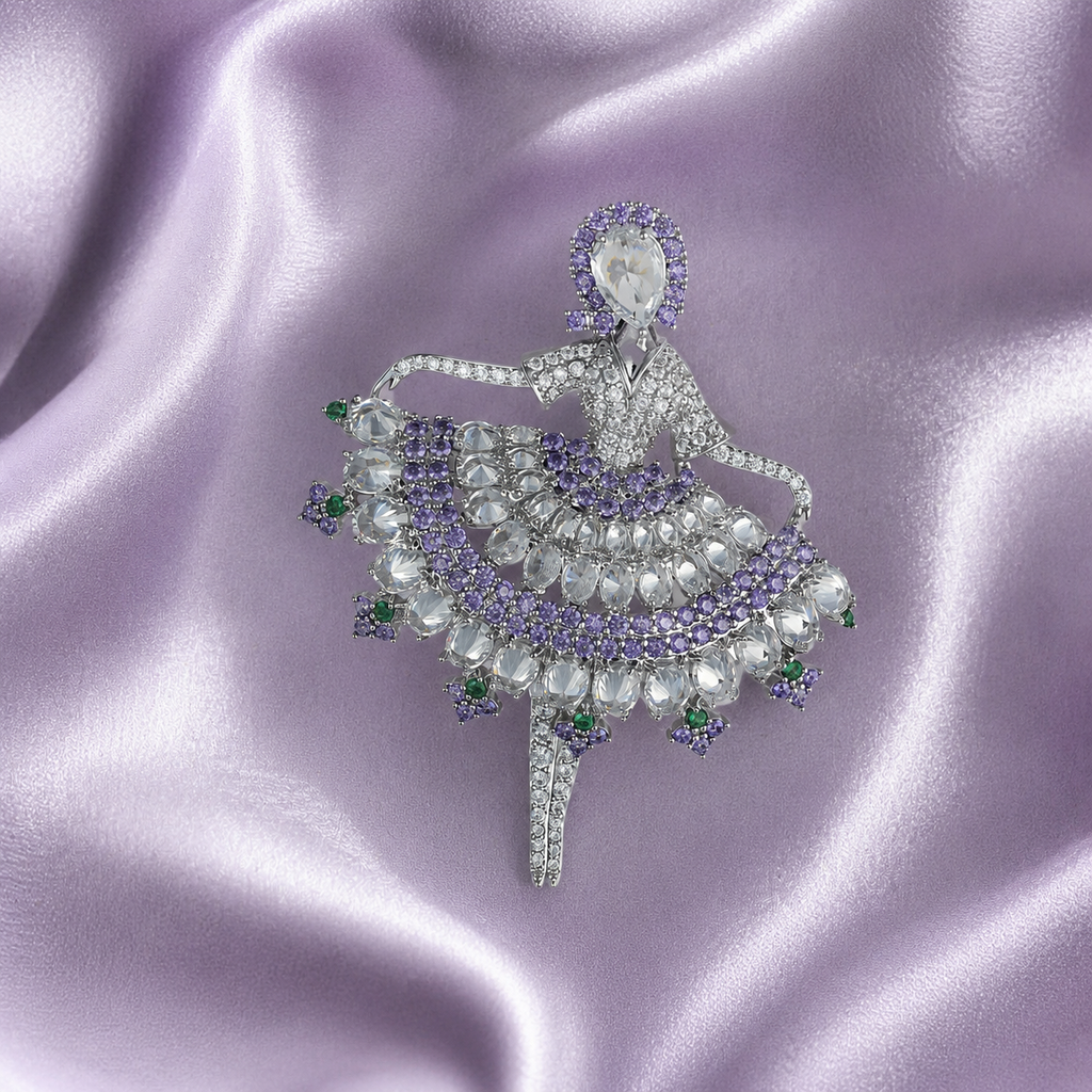Purple Crystal Dancer Silver-Tone Statement Brooch