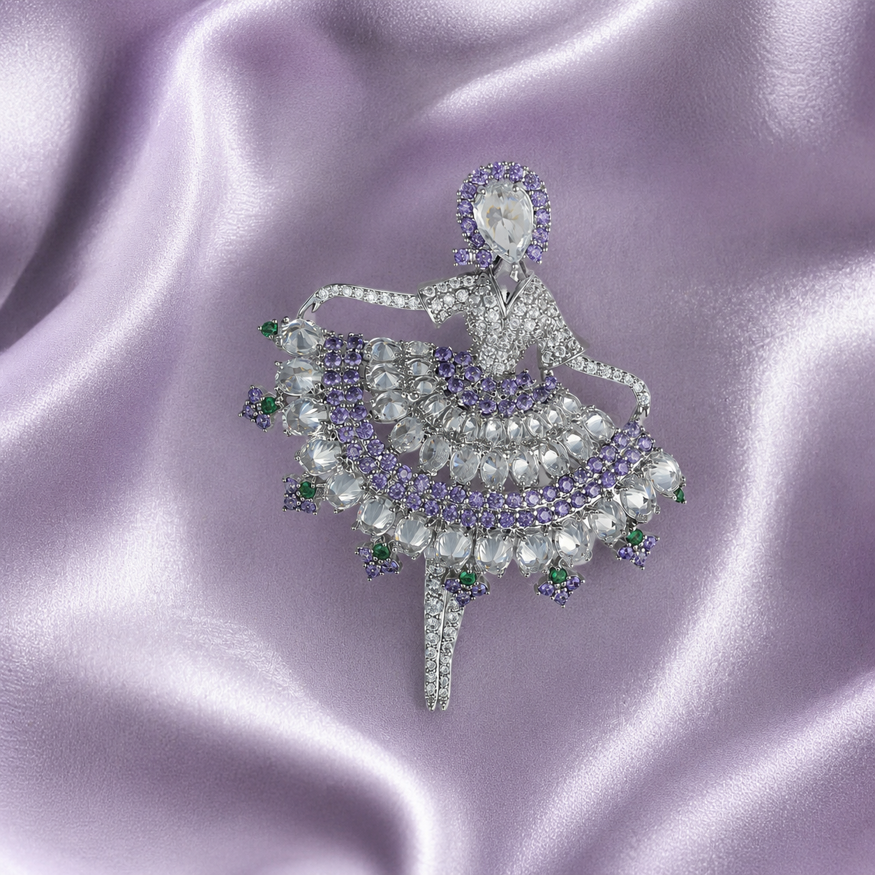 Purple Crystal Dancer Silver-Tone Statement Brooch