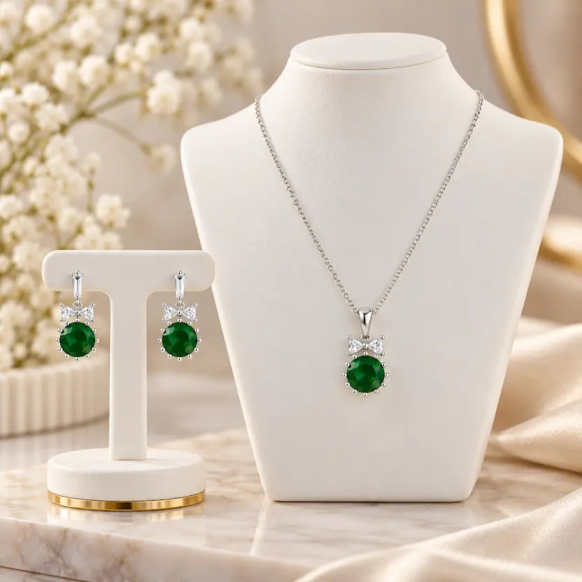 Emerald Green Round CZ Necklace and Earrings Set