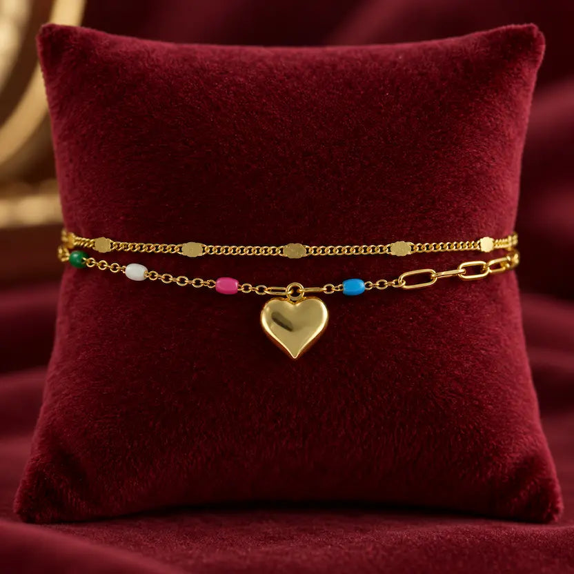 Layered Heart Charm and Multicolour Bead Bracelet