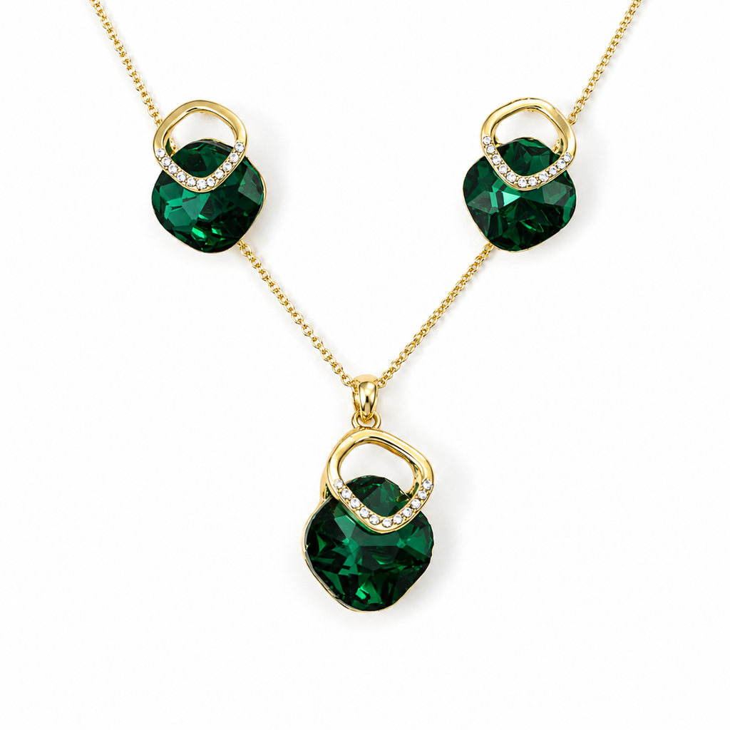 Emerald Green Square Crystal Necklace and Earrings Set