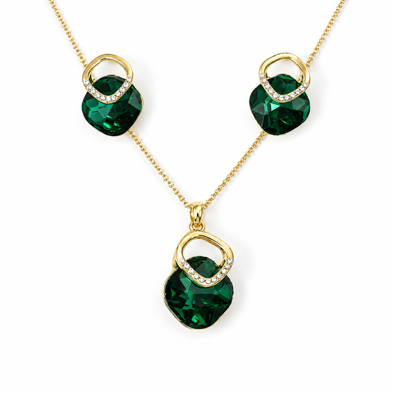 Emerald Green Square Crystal Necklace and Earrings Set