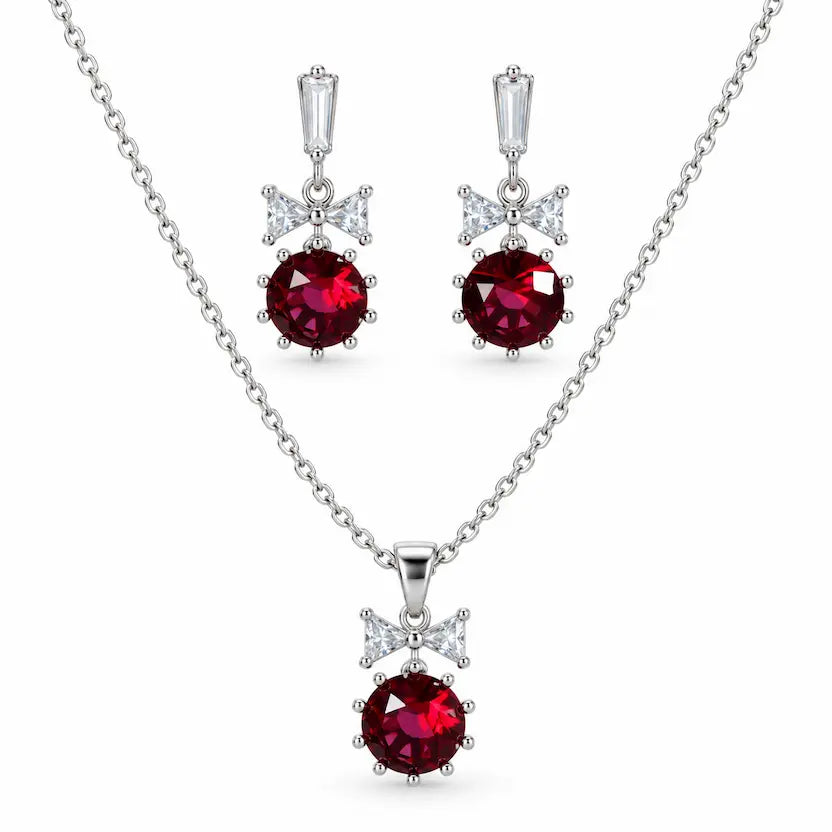 Ruby Red Round CZ Necklace and Earrings Set