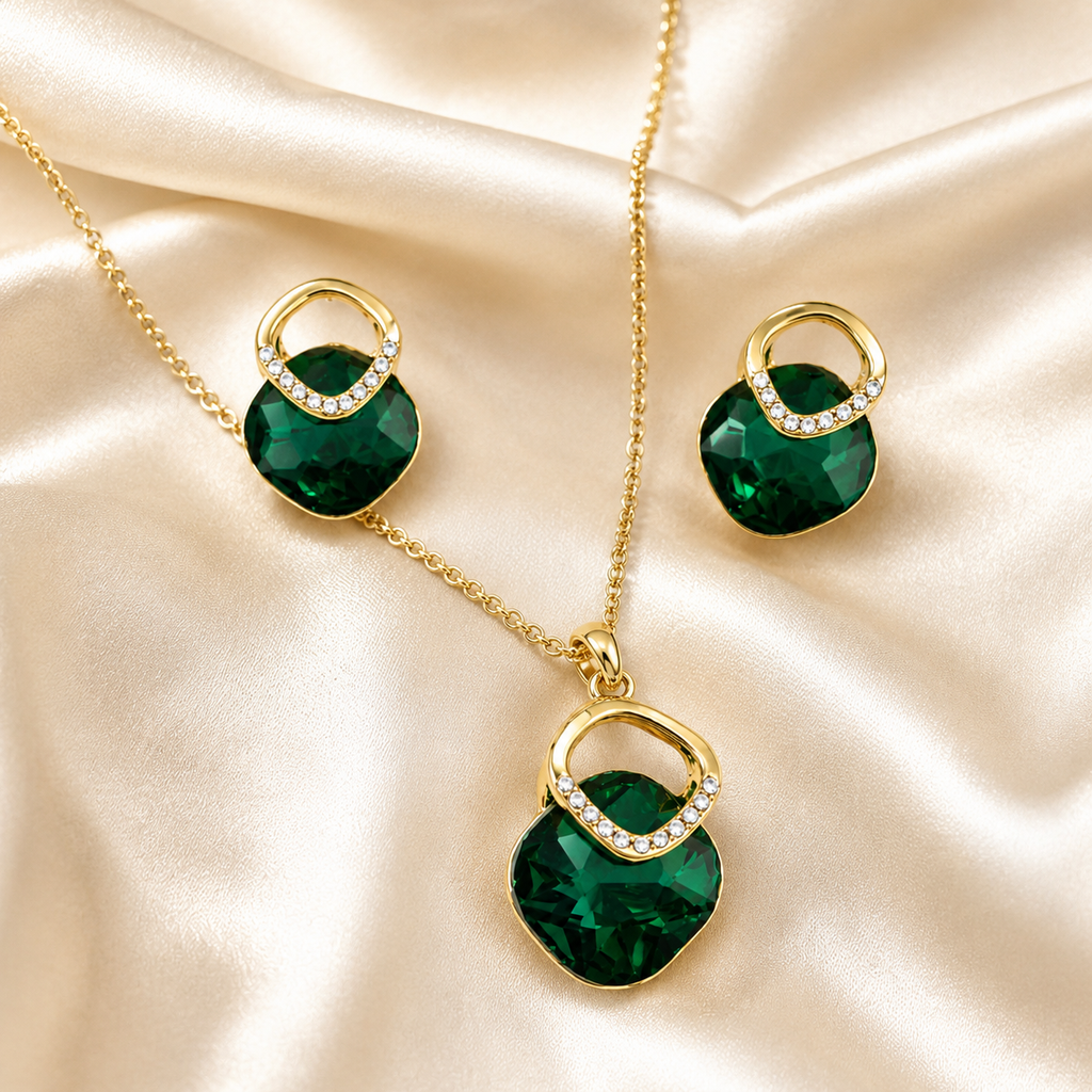 Emerald Green Square Crystal Necklace and Earrings Set