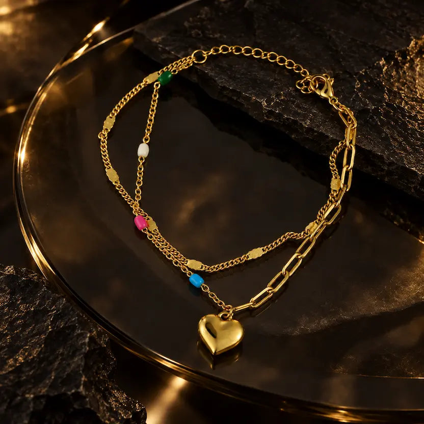 Layered Heart Charm and Multicolour Bead Bracelet