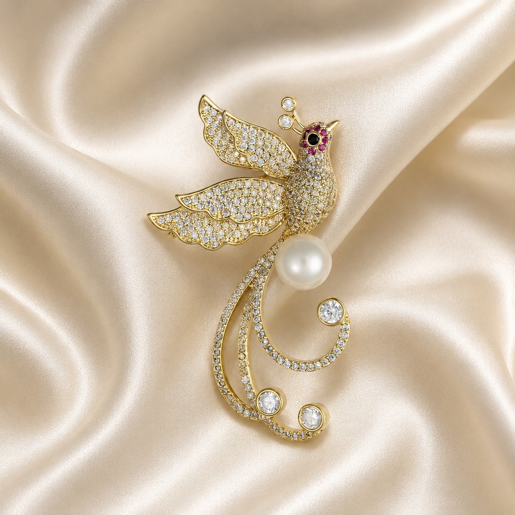 Crystal Pavé Peacock Pearl Gold-Tone Brooch