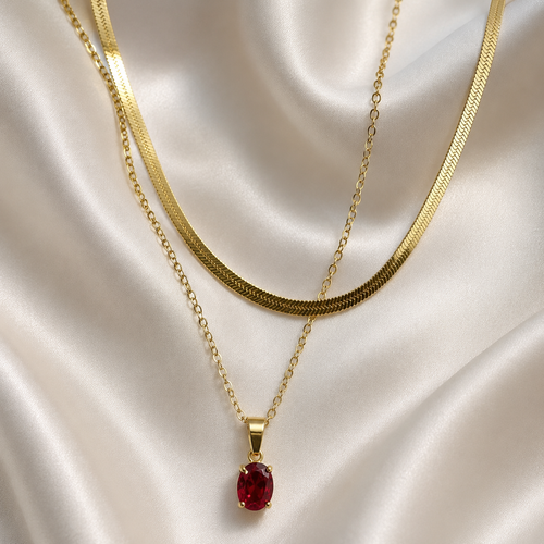 Ruby Red Stone Snake Chain Layered Necklace