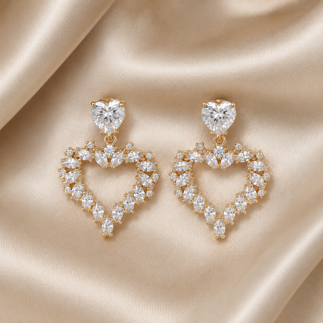 Crystal Heart CZ Gold-Tone Drop Earrings