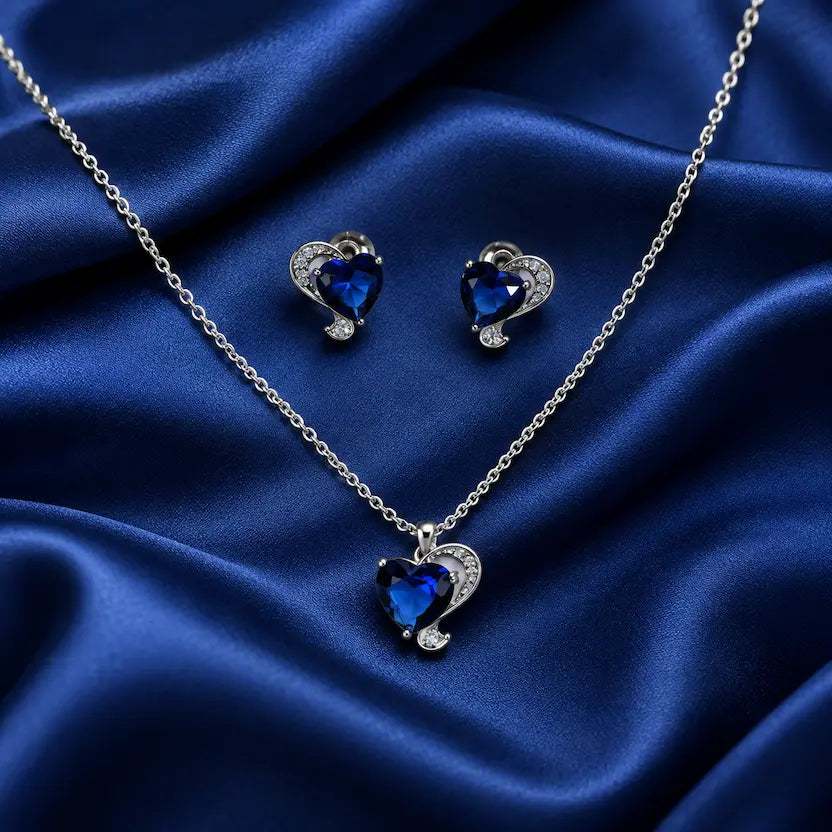 Blue Heart CZ Necklace and Earrings Set