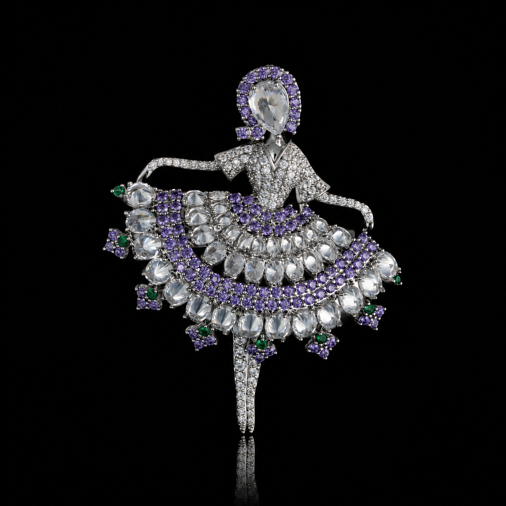 Purple Crystal Dancer Silver-Tone Statement Brooch