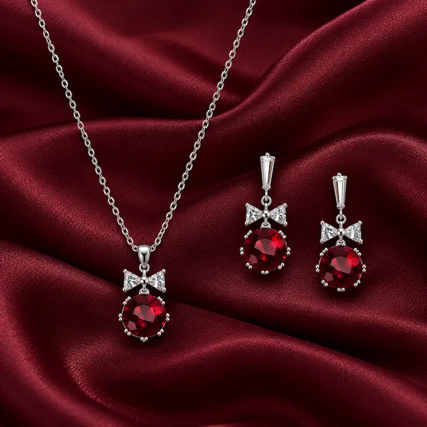 Ruby Red Round CZ Necklace and Earrings Set