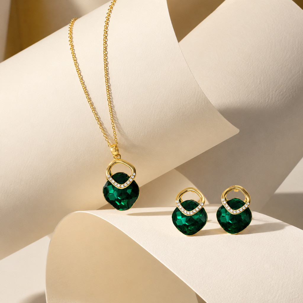 Emerald Green Square Crystal Necklace and Earrings Set
