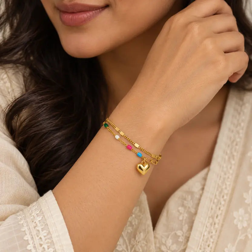 Layered Heart Charm and Multicolour Bead Bracelet