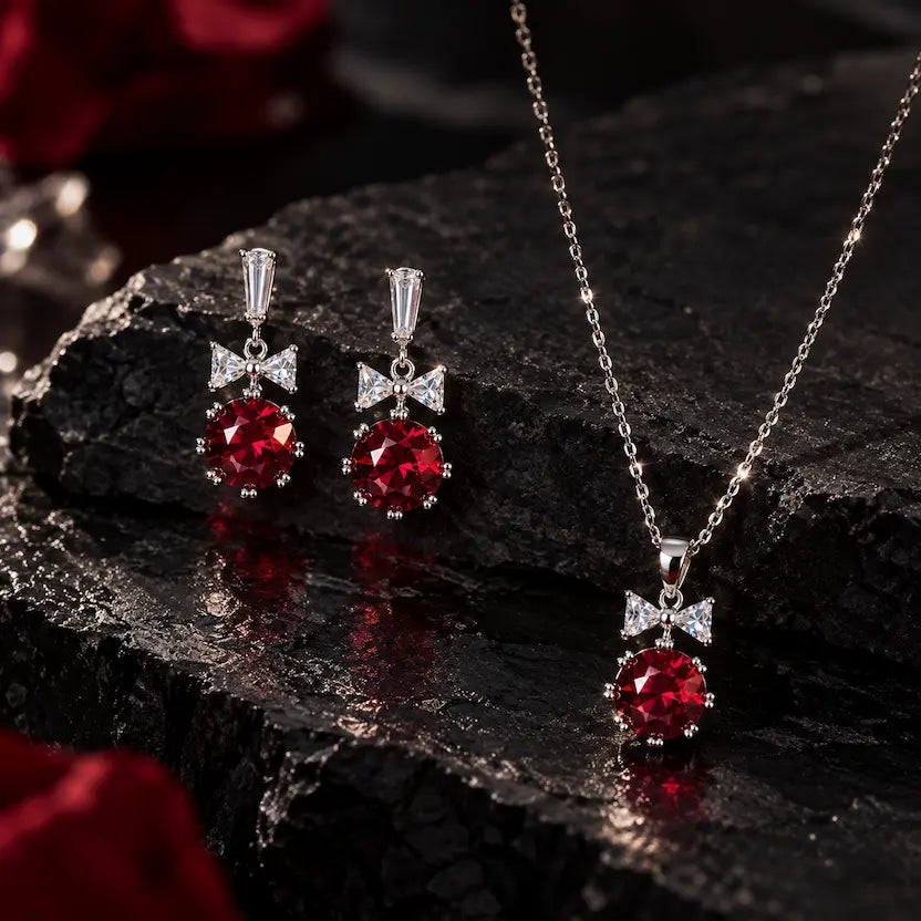 Ruby Red Round CZ Necklace and Earrings Set