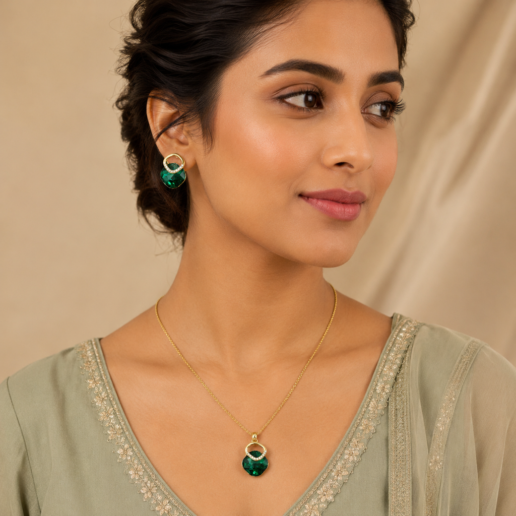 Emerald Green Square Crystal Necklace and Earrings Set