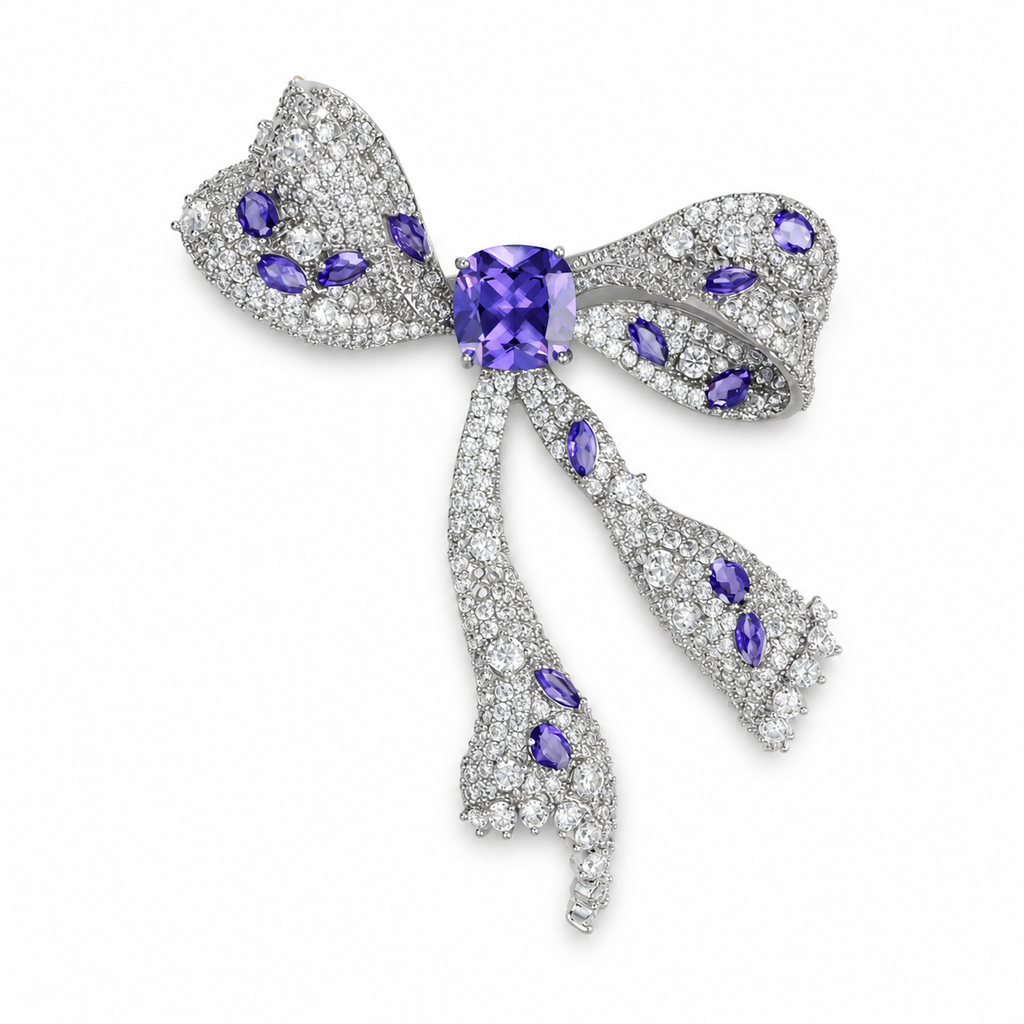 Purple Crystal Bow Silver-Tone Statement Brooch