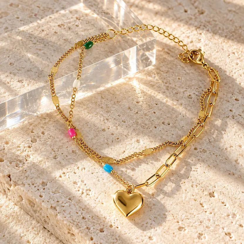 Layered Heart Charm and Multicolour Bead Bracelet