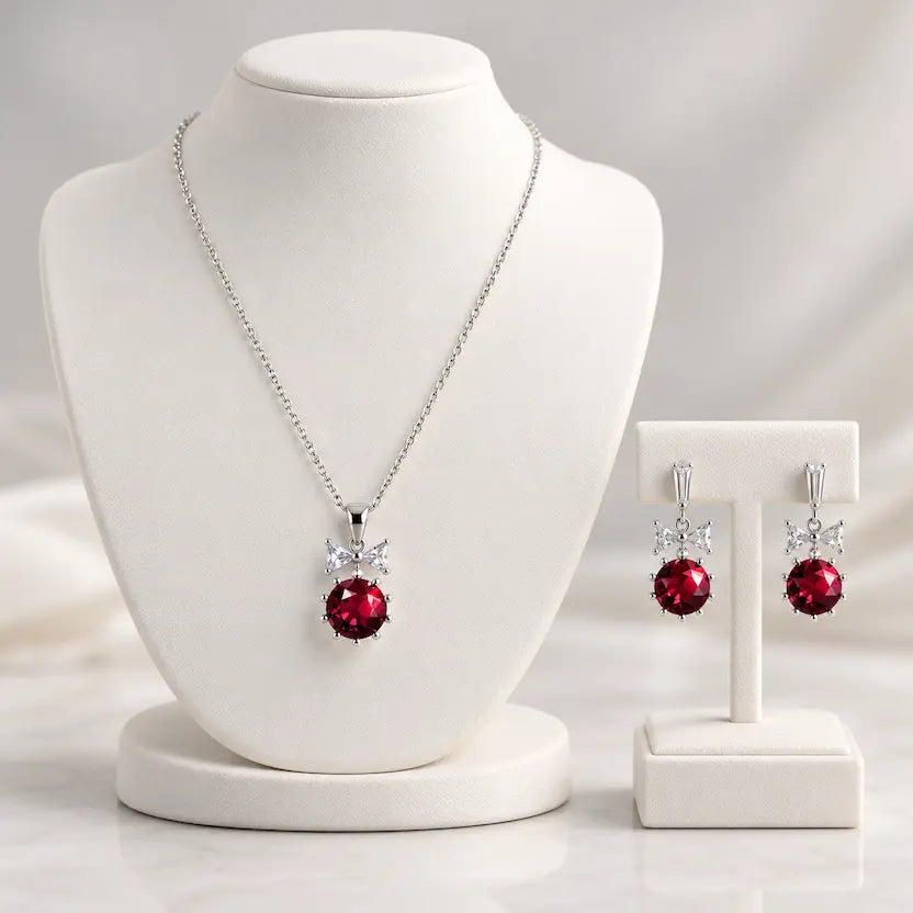 Ruby Red Round CZ Necklace and Earrings Set