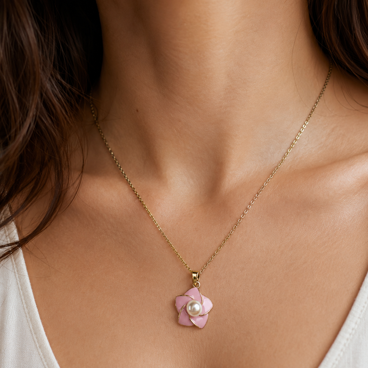 Pink Enamel Pearl Flower Necklace
