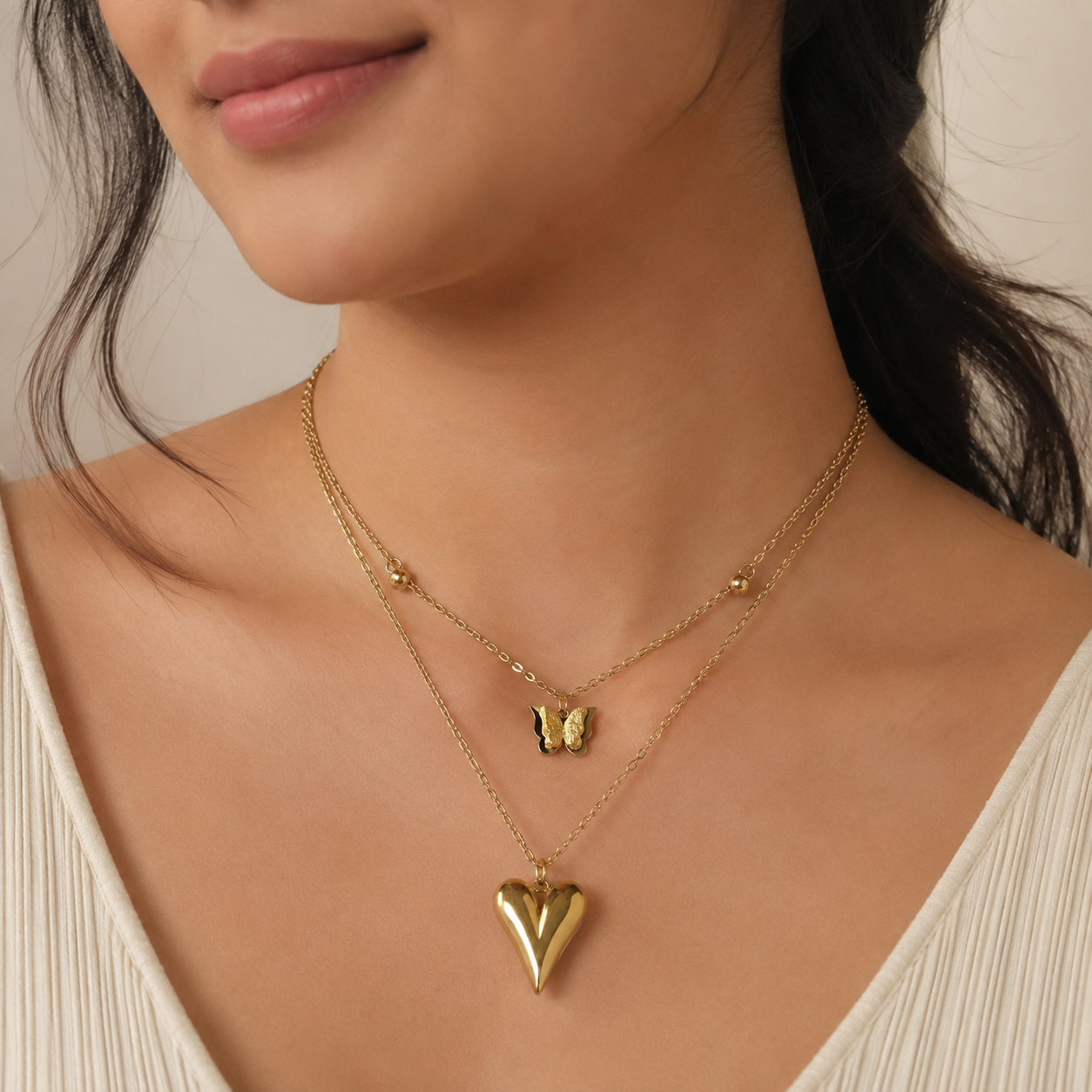 Puffy Heart Butterfly Charm Layered Necklace