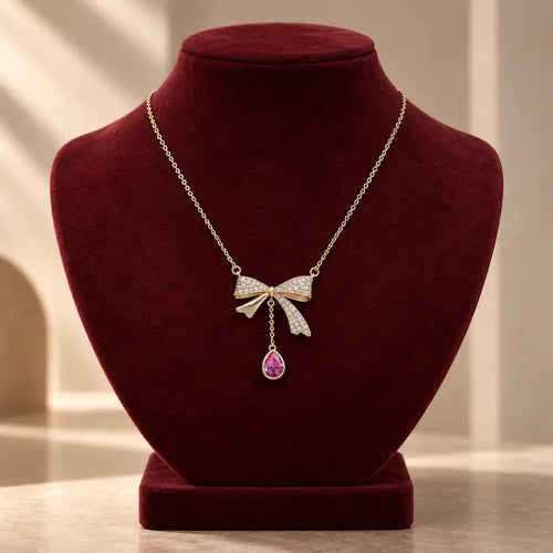 Crystal Bow Pink Teardrop Swarovski Crystal Necklace