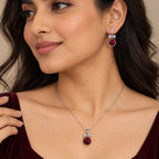 Ruby Red Round CZ Necklace and Earrings Set