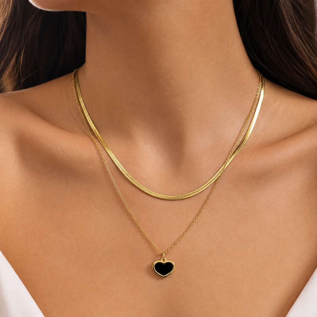 Black Enamel Heart Snake Chain Layered Necklace