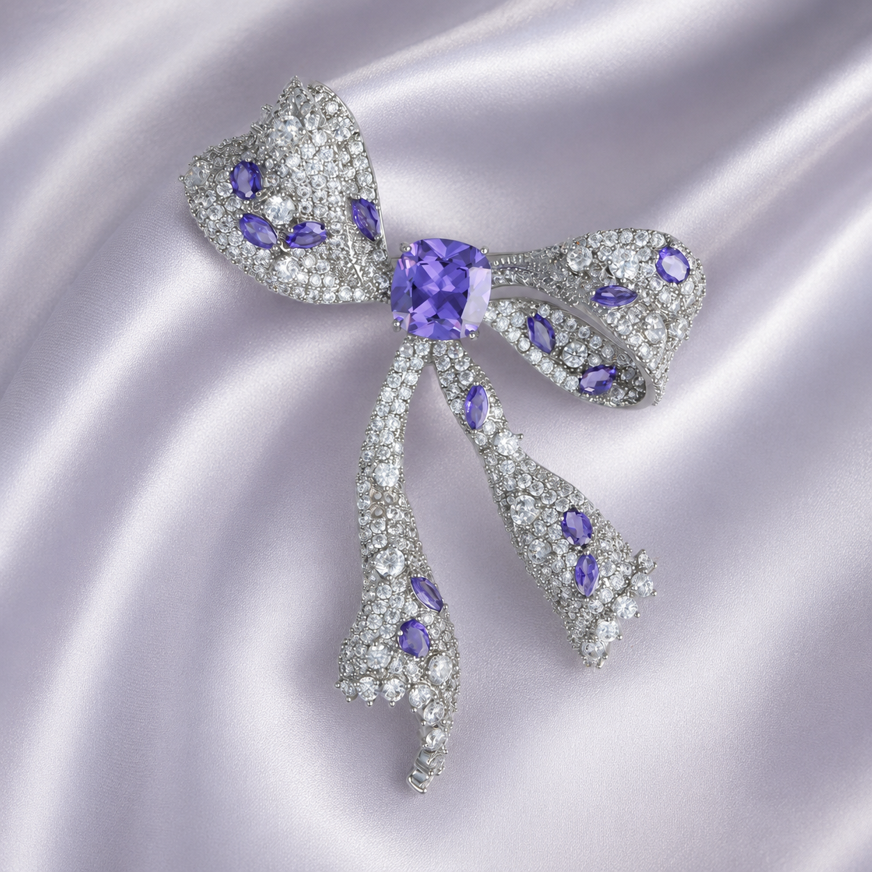 Purple Crystal Bow Silver-Tone Statement Brooch