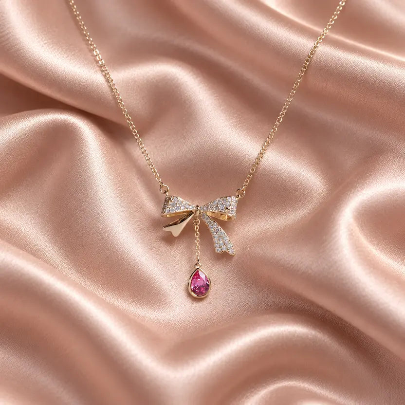 Crystal Bow Pink Teardrop Swarovski Crystal Necklace